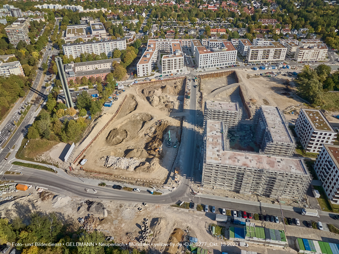 13.10.2023 - DEMOS-Baustelle und BayernHeim-Baustelle Alexisquartier udn Pandion Verde in Neuperlach